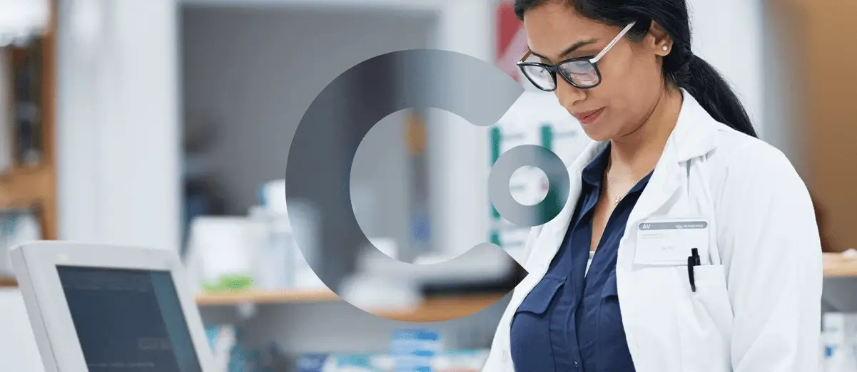 Clear Digital logo with abstract background symbolizing the comprehensive B2B website redesign for Surescripts, enhancing user experience and engagement