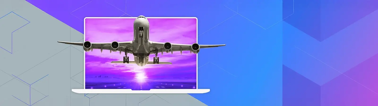 Airplane emerging from laptop screen with purple sky background — Clear Digital client casestudy for ContentStack